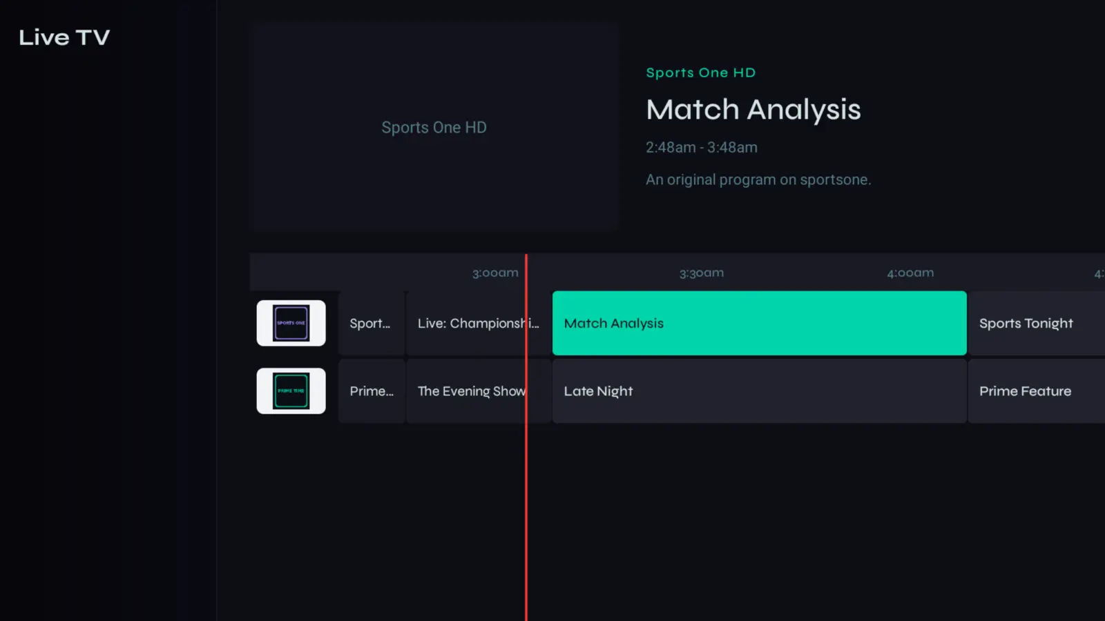 Velo program guide with a live preview and now-line